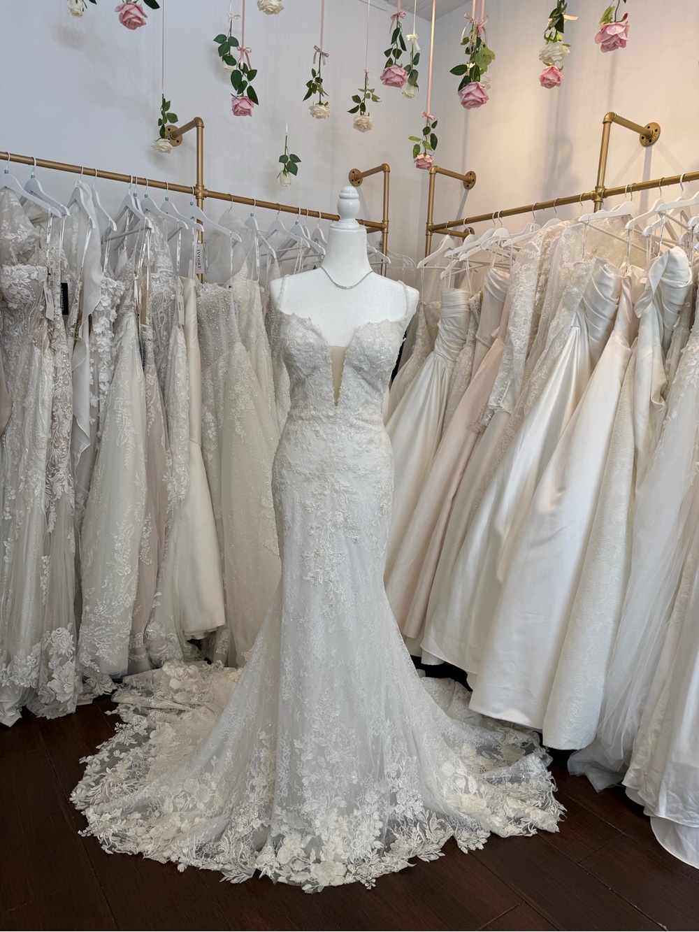 Pronovias Ivory Lace Mermaid Wedding Dress with Illusion Plunge
